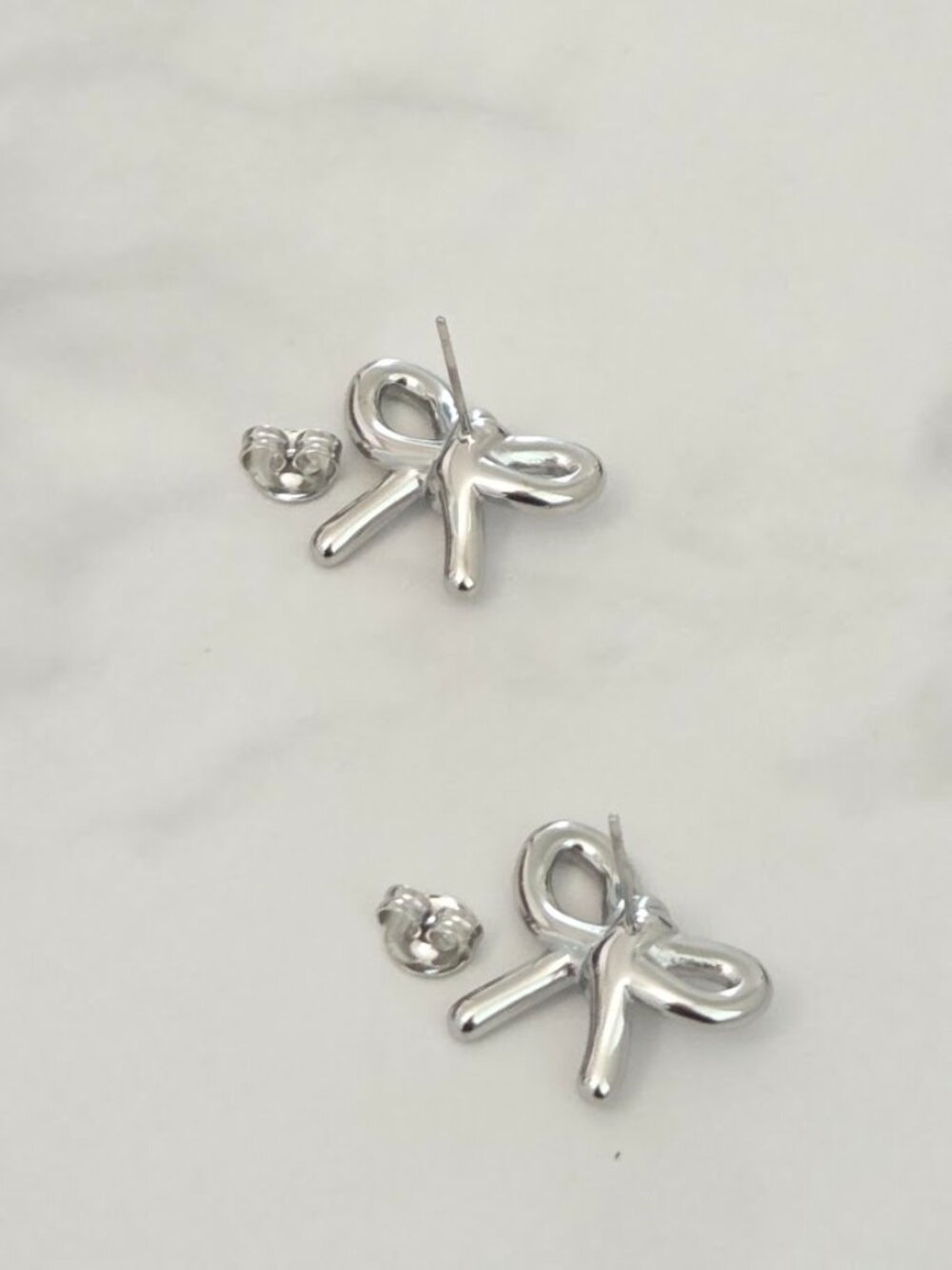 Silver Bow Stud Earrings Chunky Metallic Ribbon Coquette Statement Minimalist - Picture 5 of 8
